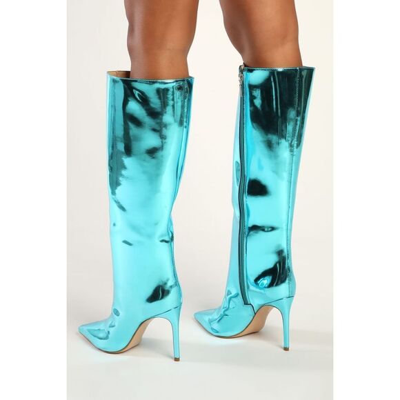 Schutz Mary Mary Up Turquoise Metallic Leather Pointed-Toe Knee-High Boots - Picture 2 of 12